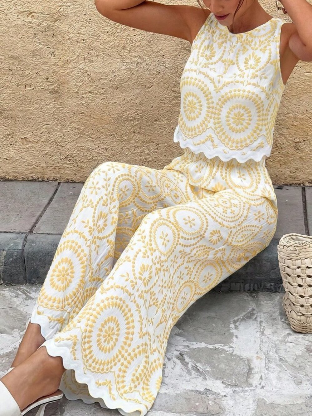 Yellow Boho Women's Embroidered scallop Trim Camisole and Pants coord Set